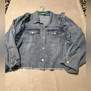 Bibi Ruffled Denim Jacket w/Raw Hem & Pockets. Women's Size M (oversized)